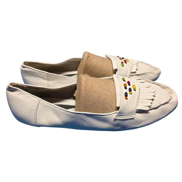 Vintage MOOTSIES TOOTSIES White Leather Beaded Fringe Loafer Women 8.5 Moccasins - Picture 2 of 13